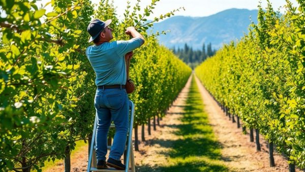 Farm worker pruning in orchard, related to H-2A farmworker wage adjustments.