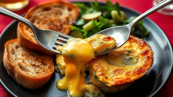 Cheesy egg bake with toast and greens on a black plate.