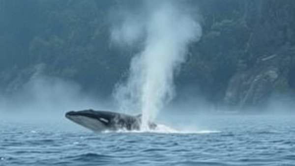 Vancouver local news: Whale surfacing near forested coast.