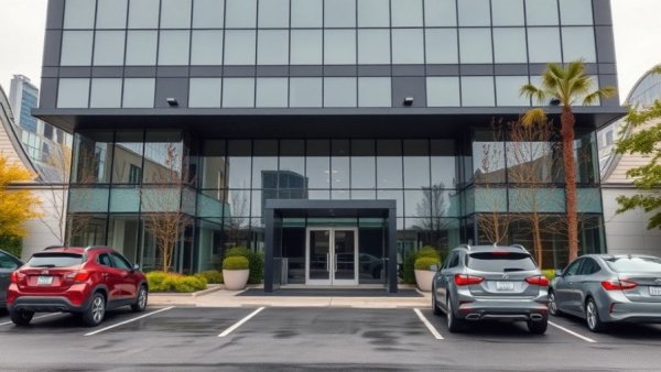 Modern office building in Denver with parked cars