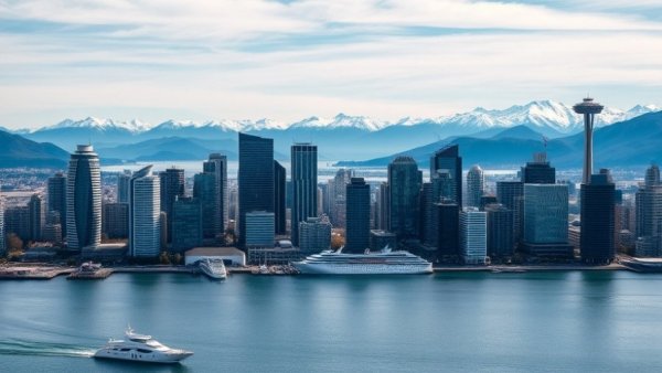 Aerial view of Vancouver skyline with mountains and bay.
