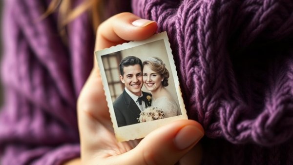 Nostalgic photo of a smiling couple held by a hand, warm ambiance