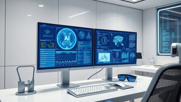 AI in clinical reasoning and diagnosis setup with monitors and algorithms in an office.