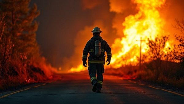 Firefighter near burning wildfire on road, highlighting Colorado wildfire risk.