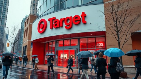 Target store entrance in urban setting on a rainy day, capturing Target stock investment growth theme.