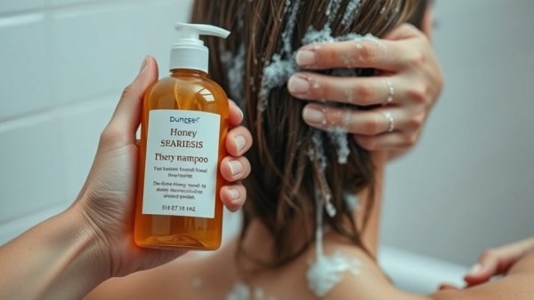 Psoriasis shampoo bottle and lathered hair in minimal bathroom.