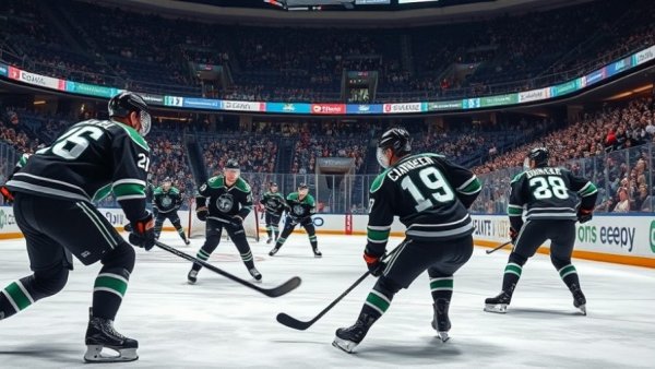 Vancouver NHL game action with players skating on ice.