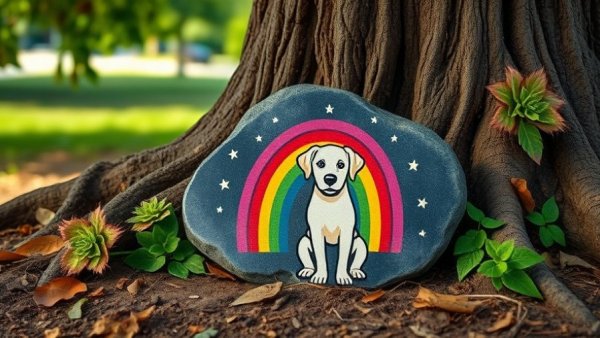 Heartfelt memorial stone for pets under rainbow against tree