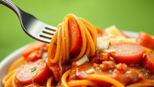 Filipino spaghetti with cheese and hotdog slices in close-up.