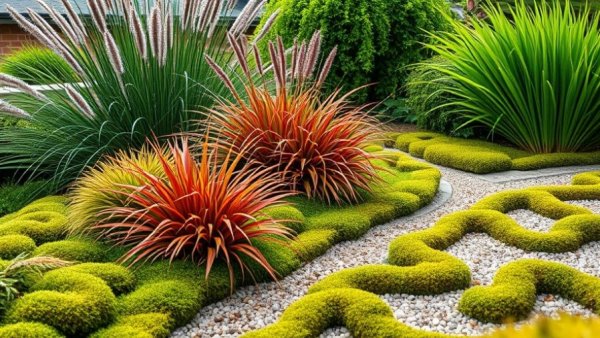 Moss garden with ornamental grasses and gravel path as a low-water lawn alternative.
