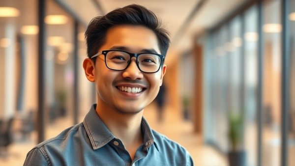 Asian male in modern office, smiling warmly, technology vancouver.