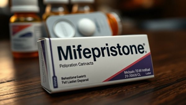 Mifepristone tablet box highlighting abortion pills by mail option.