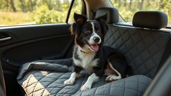 Dog-friendly car and outdoor accessories, including seat cover and glowing collar, showcased in daily settings.