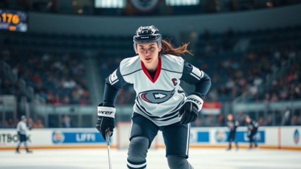 PWHL player skating in ice hockey match, action shot