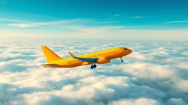 Bright yellow airplane mid-flight against a cloudy sky.