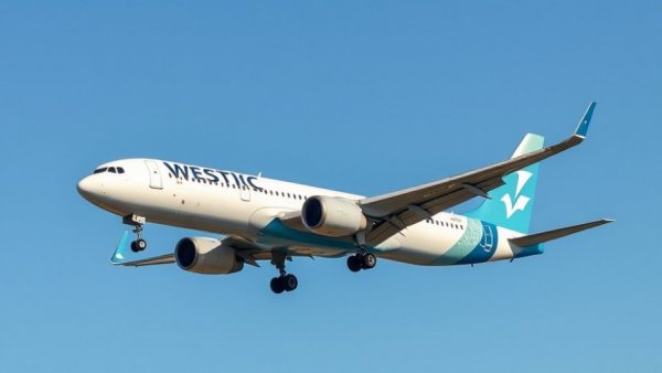 WestJet airplane landing at YVR under clear blue skies.
