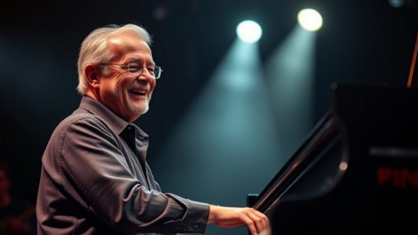 Older man playing piano with a smile on stage lighting.