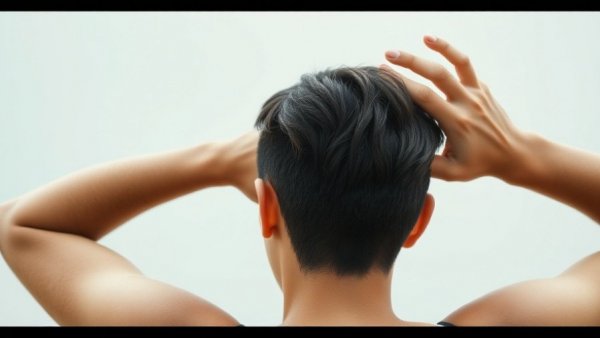 Person stretching arms behind head, focus on hands.