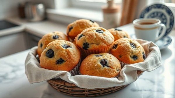Blueberry muffins baked with skim milk, in basket with coffee.