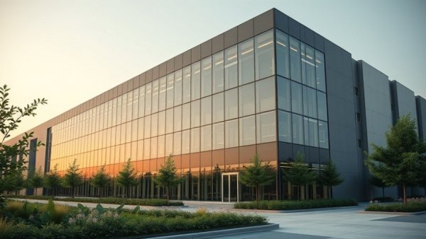 Modern data center in landscape, soft dawn lighting.