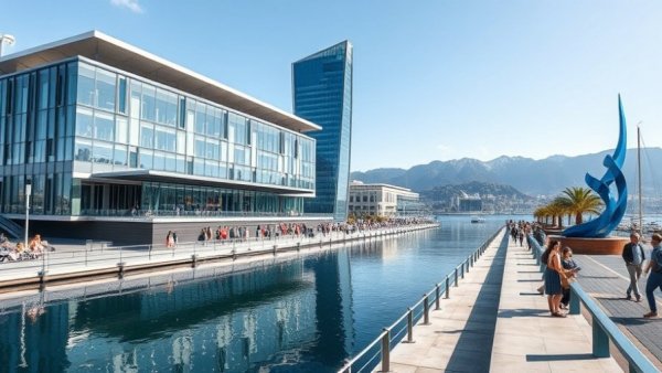 Modern convention center in Vancouver reflecting mountains on water