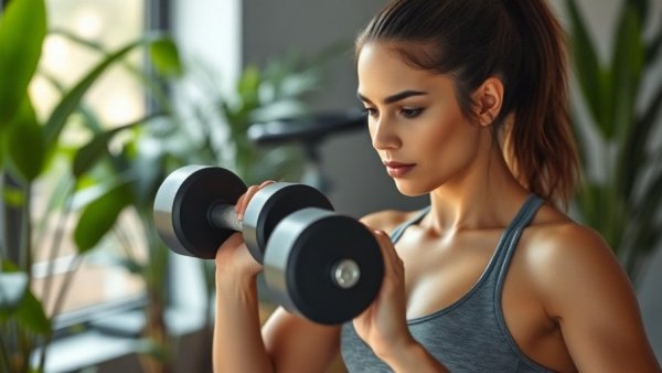 Upper chest exercise demonstration with dumbbells in lush indoor setting.