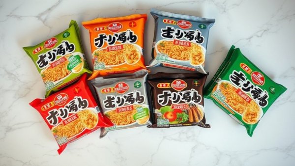 Variety of Buldak ramen flavors with colorful packaging on marble.