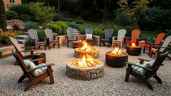 Stylish gravel surround fire pit ideas with diverse seating.