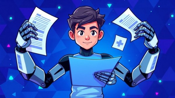 AI in medical residency applications depicted in colorful pixel art, featuring a person with robotic arms managing documents.