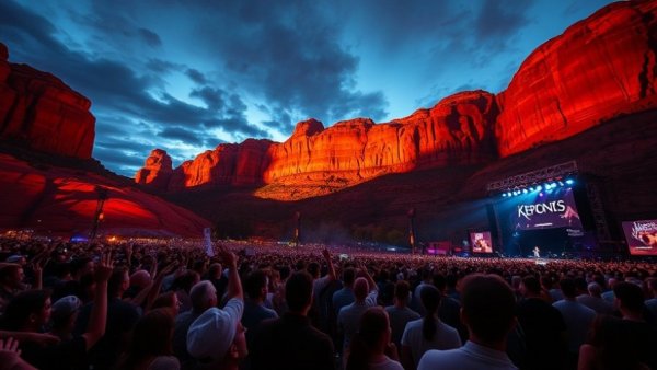 Denver news: Evening concert at Red Rocks with illuminated rock formation.