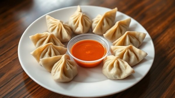 A plate of Nepali momos with sauce in the center.