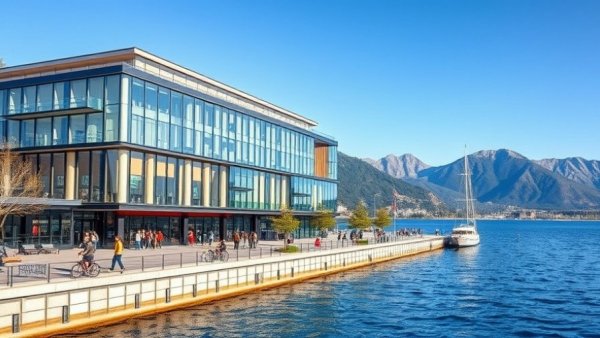 Vancouver Tech Theatre Experience: Modern glass building and water.