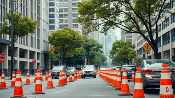 Denver news: Traffic cones and construction on a busy Denver street.