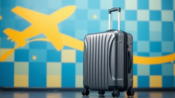 Sleek carry-on suitcase against vibrant checkered background.