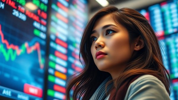 Young woman analyzes stock prices amid Iran peace deal talks.