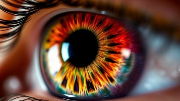 Detailed vibrant iris in close-up eye shot, VEGF Inhibitor Implant for Wet AMD context.