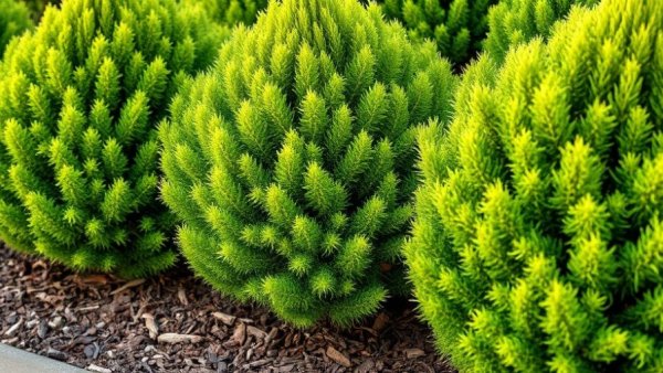 Vibrant evergreen shrubs with fresh mulch in a garden, home improvement Vancouver.