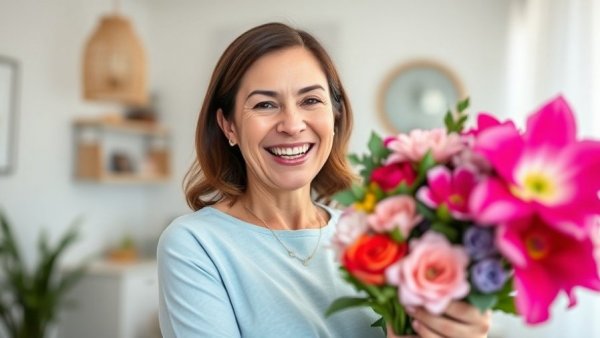 Smiling young mother with flowers, ideal for Mother's Day deals.