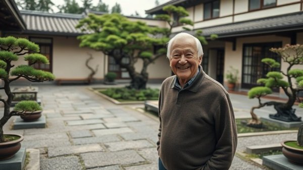 Elderly couple in Japanese garden at Sakura Square repairs.