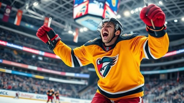 Hockey player celebrating goal on ice, vibrant sports moment.