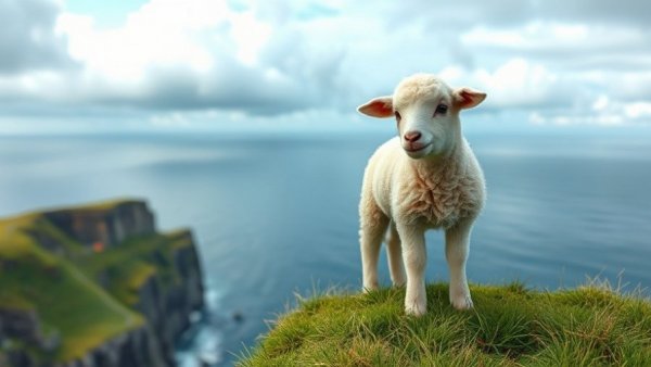 Adorable lamb on spring cliff for baby animal quiz.