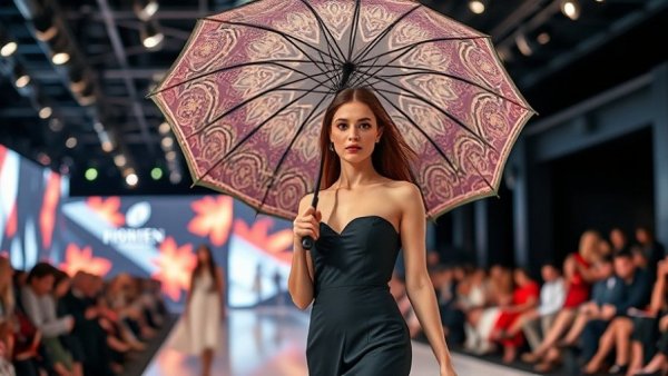 Fashion show model with umbrella at entertainment event in Denver.