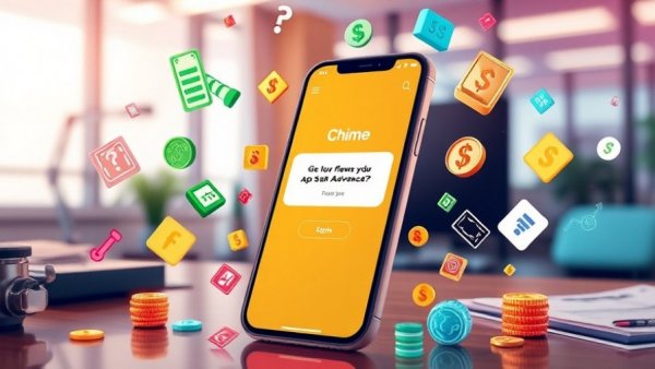 Mobile phone showing Chime App cash advance with financial icons.