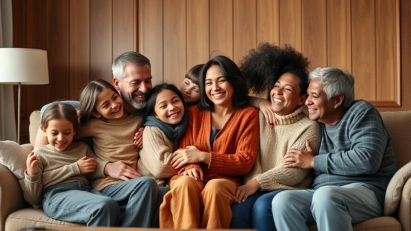 Warm family embracing in cozy living room for Canuck Place Lottery.
