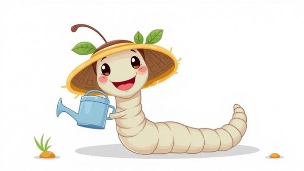 Cartoon worm with watering can, representing plant care themes.