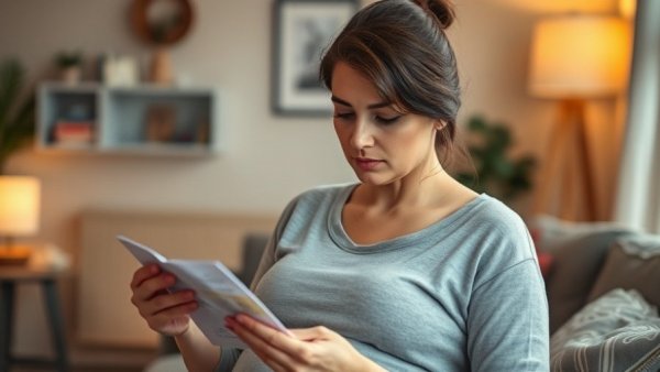 Pregnant woman reviewing pregnancy safety data on medication leaflet.
