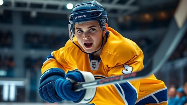 Young hockey player in yellow jersey, gripping a stick at ice rink.