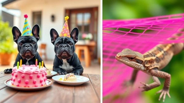 Vancouver pets: Bulldogs in birthday hats, lizard on mesh outdoors.