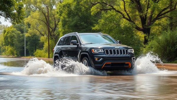 Flood-damaged SUV driving through waterlogged road in Florida