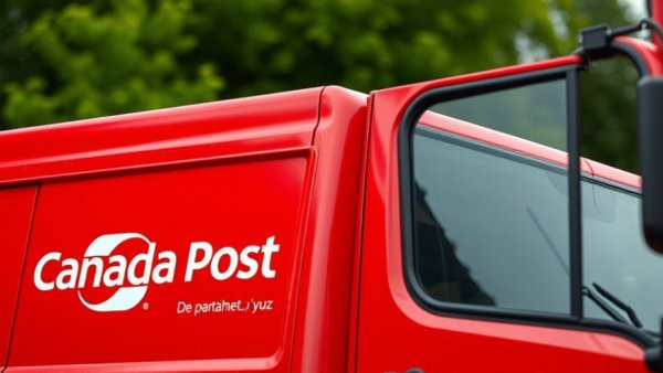 Canada Post truck close-up highlighting logo and slogan about Canada Post funding.
